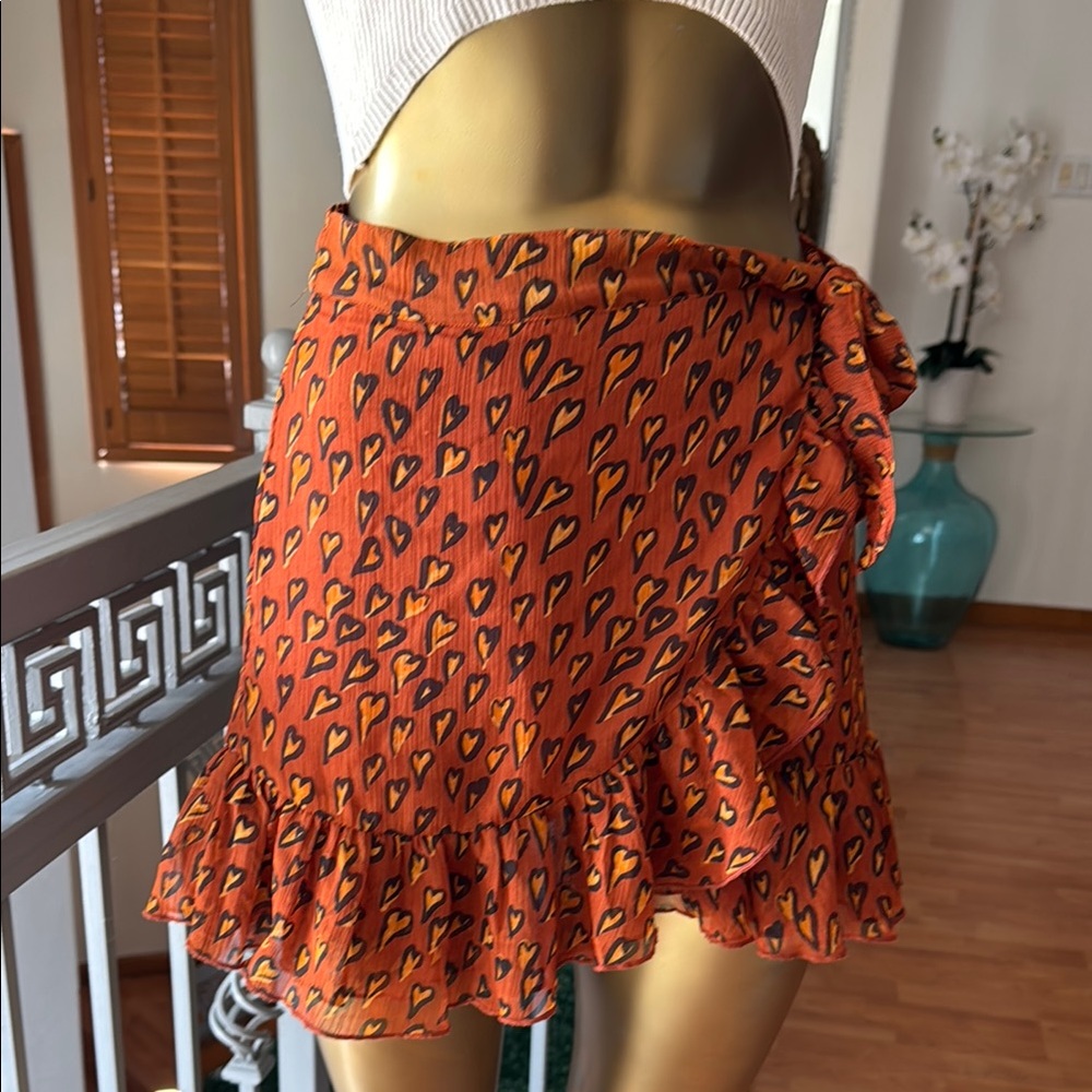 Orange Heart Print Wrap Skirt